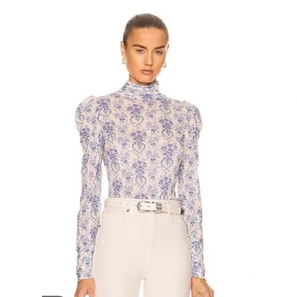 LoveShackFancy Womens Blue Floral Viscose Turtleneck Puff Sleeve Top Size M